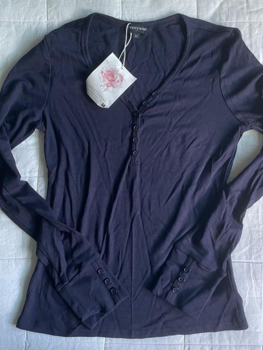 NWT Prettywear Long-Sleeve Navy Blue Henley Top - M
